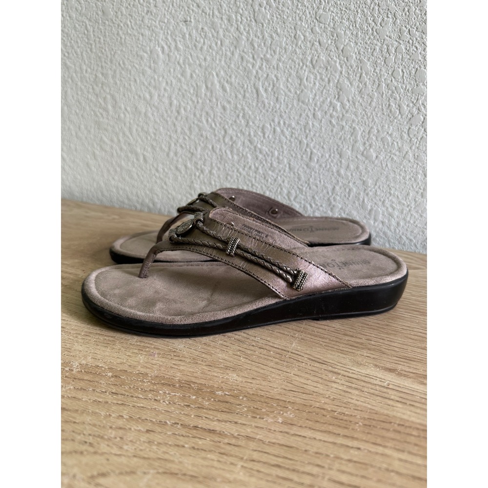 Minnetonka Womens Pewter Metallic Leather Braided Thong Wedge Sandals Size 8 - Picture 3 of 10